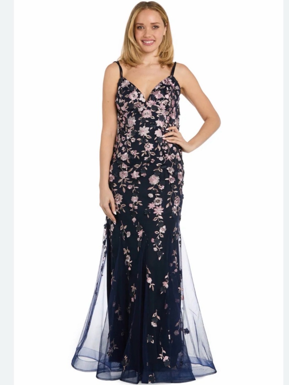 Navy Floral Embroidered Mesh Evening Dress